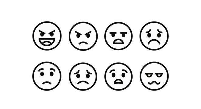 Collection of various distressed and angry emoticon faces in outline form