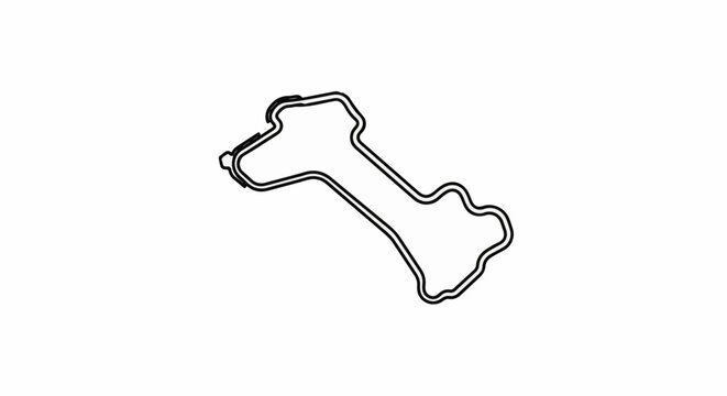Outline of a winding racing circuit, angled diagonally across a white background