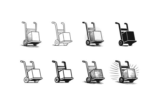 Collection of hand truck and dolly illustrations with boxes for delivery and moving