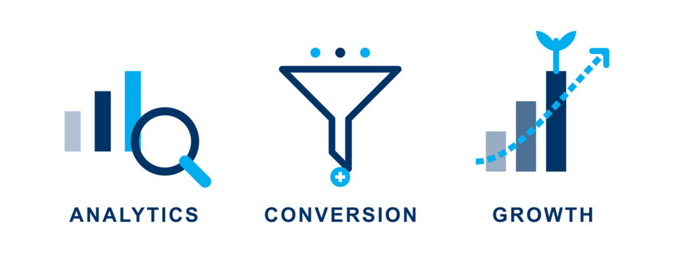 Analytics and conversion growth icons for business data performance monitoring.
