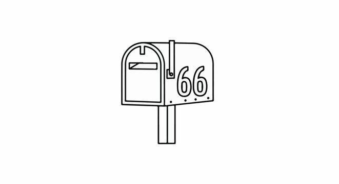 A simple line drawing of a mailbox with the number 66 on its side