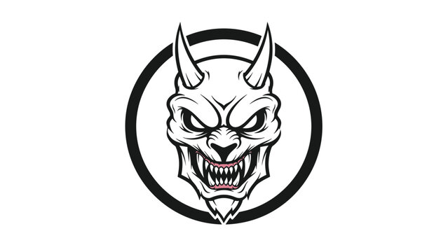 Menacing black and white demon mask illustration with horns and sharp teeth in a circular frame for gaming or alternative branding.