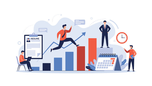 Professional person jumping over rising bar chart columns towards success with a resume clipboard and a team supporting career growth and progress.
