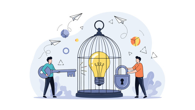 Two people working to unlock a giant light bulb trapped inside a metal birdcage with a key and padlock symbolizing creative freedom and new ideas.