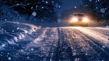 Fototapeta premium A car drives on a snowy road at night. Snowflakes fall gently, creating a winter scene. The headlights illuminate the path ahead.