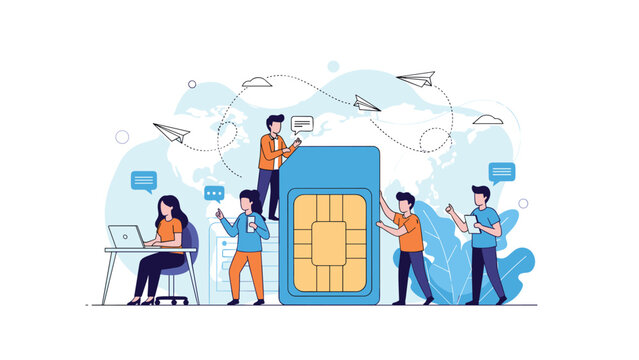 Global telecommunication concept showing people working around a large SIM card with a world map and paper planes in the background for connectivity.