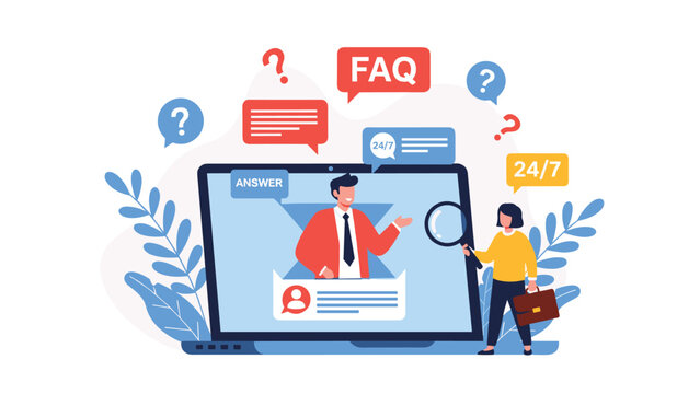 Large laptop screen displaying a male support agent with FAQ, chat bubbles, and a magnifying glass for online help and customer service assistance.