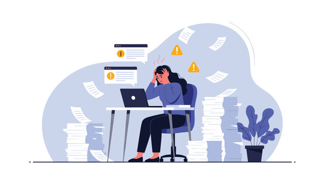 Overworked and stressed woman sitting at her desk surrounded by massive piles of paper and error warning notifications on her laptop screen.