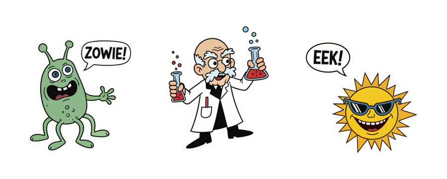 Whimsical cartoon illustrations mad scientist zombie and cool sunflower characters for creative designs