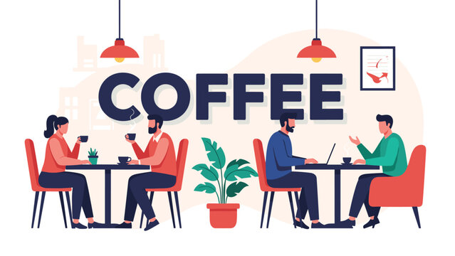 Group of diverse people enjoying their time in a modern coffee shop with comfortable seating, decorative plants, and a cozy interior design.