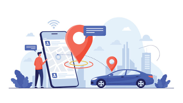 Mobile application interface showing a detailed map and car location for navigation and tracking services within a modern city environment.
