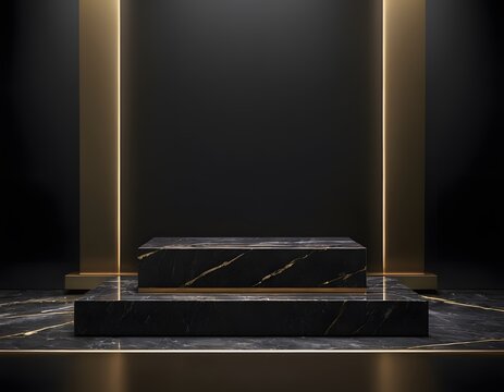 black marble dual-tier platform under soft lights, stepped podium with gold edging and mirror-like floor reflection, elegant backdrop tailored for footwear, accessory campaigns and cinematic product
