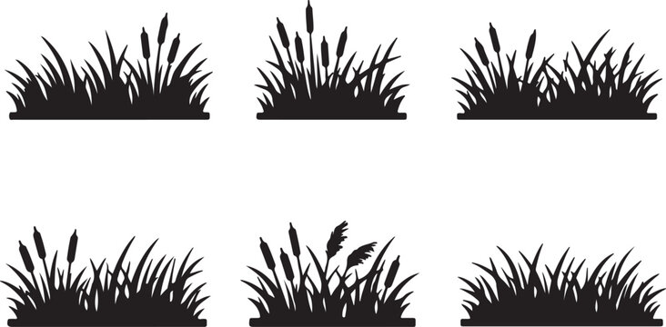 Collection of black and white silhouettes of various types of grass and reeds, perfect for natural landscapes and decorative elements in design projects