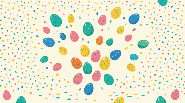 Seamless Easter pattern with colorful decorated eggs arranged in a playful circular composition, accented by scattered confetti dots on a light background.