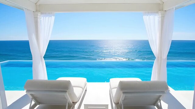 luxurious white terrace with a view of the bright blue ocean and an infinity pool two empty sun loungers stand under a canopy with flying curtains concept of ideal relaxation in the tropics