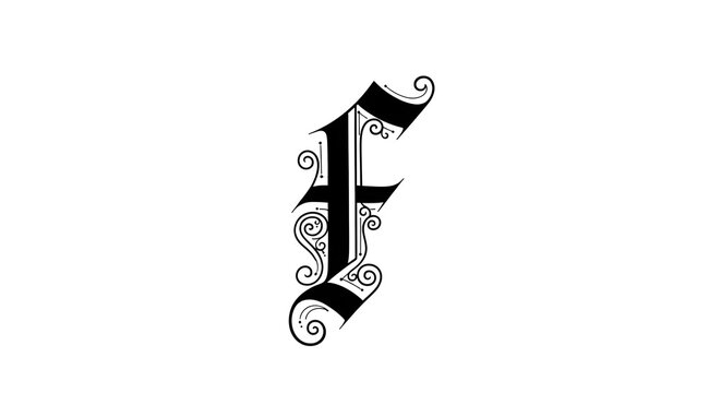 Ornate Gothic Letter F Calligraphy Illustration in Black and White Vintage Style