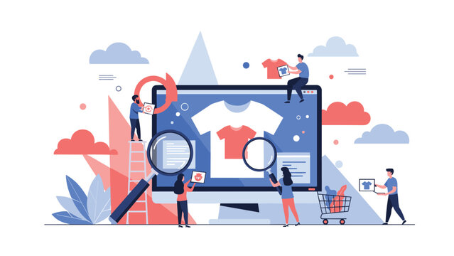 Tiny people customizing and shopping for t-shirts on large computer monitor representing digital fashion design and ecommerce platform.