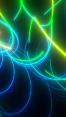 Obraz premium Abstract neon blue and green curved light trails crossing over a dark futuristic background with glowing motion.