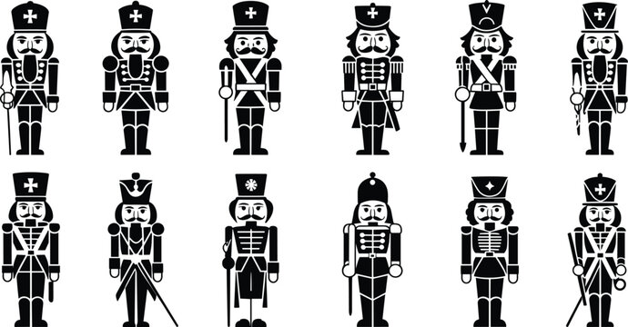 Nutcracker soldier silhouettes, holiday decoration vector, Christmas toy illustration, festive icon design, traditional figure art, winter celebration graphic