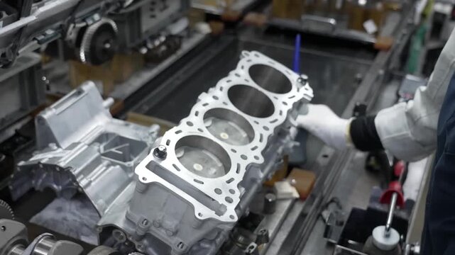 Hands of a worker carefully installing a piston and connecting rod into the cylinder of a multi-bore engine block on an assembly line