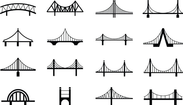 Bridge silhouettes collection, suspension bridge icons, truss bridge vector, cable-stayed bridge design, arch bridge illustration, beam bridge graphic set