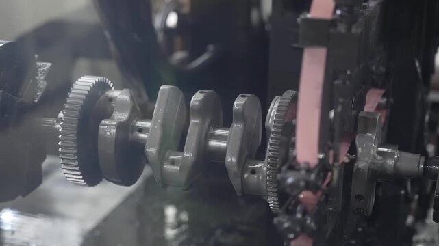Extreme close up of a CNC grinding machine polishing an engine crankshaft with pink abrasive belts and coolant lubrication