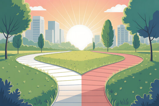 Fork in the road concept with city skyline and park at sunrise or sunset