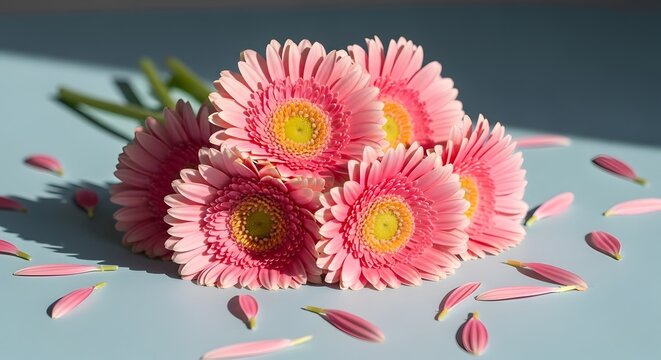 Close up of pink ice plant flowers with scattered petals