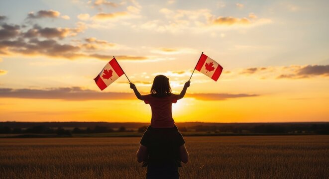 Silhouette of a person waving canadian flags at sunset
