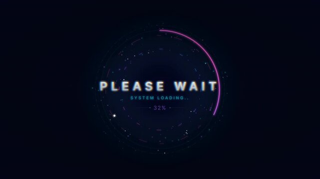 Futuristic circular loading bar animation with digital interface and progress percentage on dark background