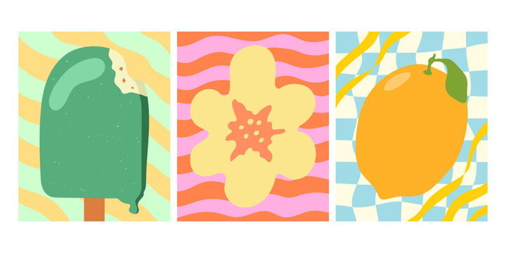 Retro groovy summer posters set with ice cream, flower and lemon fruit illustrations. Vibrant Y2K cards with wavy stripe, checkerboard backgrounds in trendy flat style for print, wall art, decoration