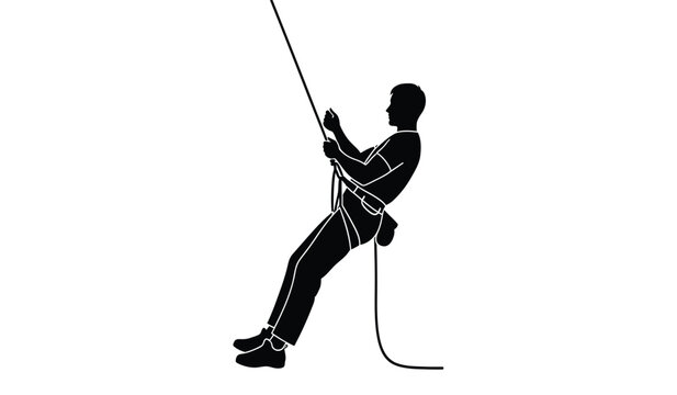 A stark black and white depiction showcases a climber rappelling down a rope highlighting the figure s form in silhouette high quality professional detailed