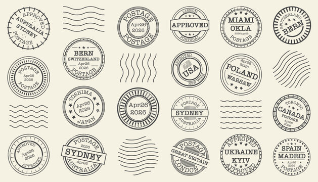 Postage stamp collection with vintage postal marks and travel city labels. Includes round stamps, approval seals, and wave cancellation lines