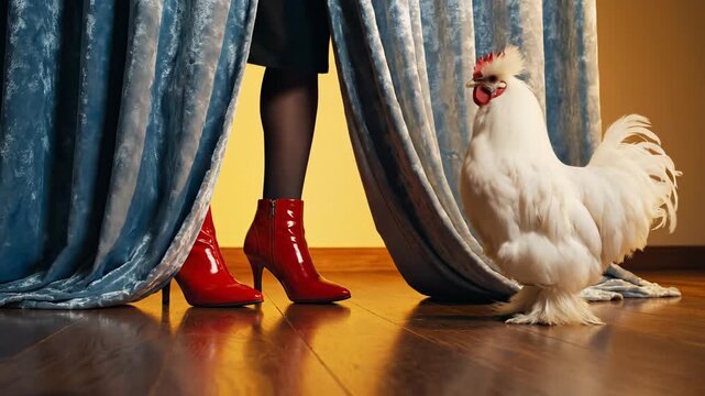 Charming hen interacts with stylish woman in red boots. Bright curtains create playful atmosphere. Unique moment captures joy and whimsy in everyday life.