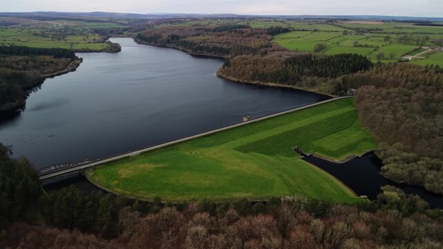Serene Swinsty Reservoir, lush landscapes, tranquil mood, aerial view