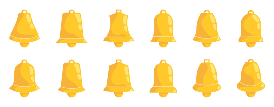 Bell icon collection with golden notification shapes and glossy style. Includes various alert symbols and ringing forms