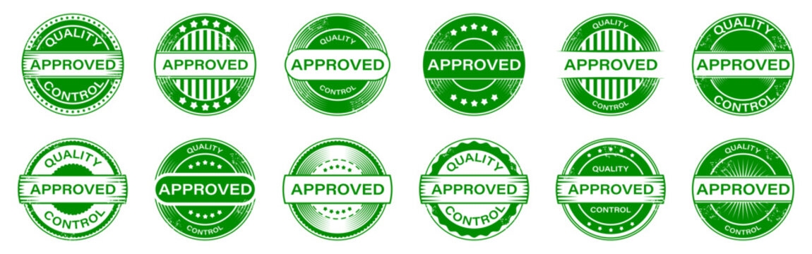 Approved stamp collection with quality control badges and grunge textures. Includes certification seals and official marks
