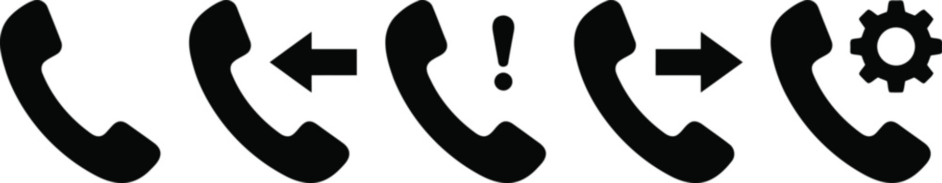 Phone call icon set. Solid glyph communication symbols with incoming, outgoing and missed call arrows. Vector illustration of phone receiver icons for mobile app UI, dialer and contact center