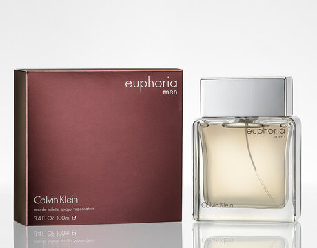 Barcelona- Spain- 4th march 2007 Packaging and perfume bottle of known and famous Euphoria by Calvin Klein perfume against white.