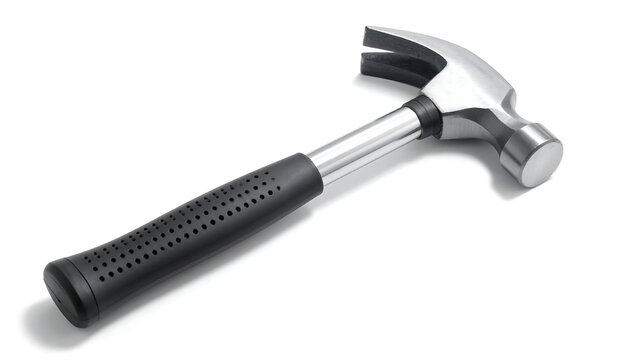 A hammer with a black grip and silver head