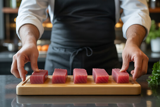 Sushi chef preparing fresh tuna sashimi on a wooden cutting board in kitchen