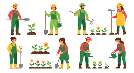 Fototapeta premium Gardeners Planting and Watering Plants, Seasonal Gardening Activities