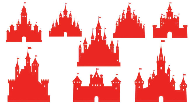 Collection of Red Castle Silhouettes Isolated on White Background