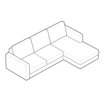 Isometric right hand facing sectional sofa and chaise lounge wireframe drawing