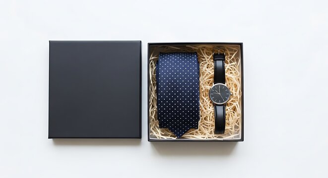 Gift box with accessories isolated on white background with watch and tie