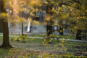 Wiosenny park  w Czechowice Dziedzice z kwitnącymi drzewami i ciepłym światłem słonecznym © Elżbieta Kaps
