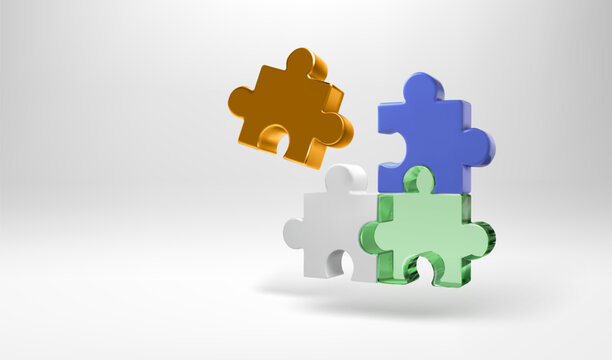 Puzzle 3d pieces assembling, jigsaw solution vector om white bg. Team building concept, abstract challenge game of complex problem solving. Connect partner for strategy work together, render isolated