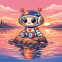 Naklejka premium Cartoonish Robot sitting in a rock.