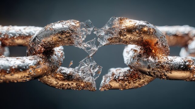 A close-up of a rusted metal chain breaking apart, symbolizing fragility or breaking points in strength.