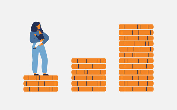 low salary during maternity leave. Single woman with child on the small stack of coins. financial inequality and career crisis for mothers. vector illustration